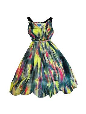 SIMPLY VERA WANG Abstract Watercolor Sheer Belted Tulip Hem Midi Dress M